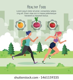 women running exercise with fruits and onion