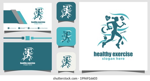 women running healthy logo design illustration template business card background