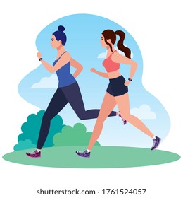 women running in landscape, women in sportswear jogging, female athlete, sporty persons vector illustration design