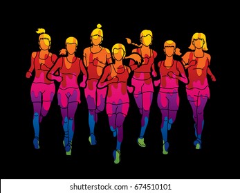 Women running, Marathon runners, Group of people running designed using melting colors graphic vector.