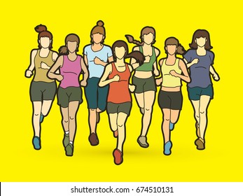Women running, Marathon runners, Group of people running graphic vector.