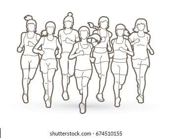 Women running, Marathon runners, Group of people running outline graphic vector.