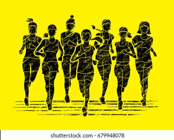 Women running, Marathon runners, Group of people running on yellow background. Graphic vector.