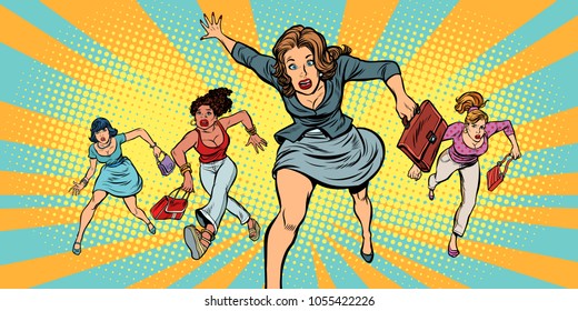 women running in panic for sale. Pop art retro vector illustration comic cartoon vintage kitsch drawing