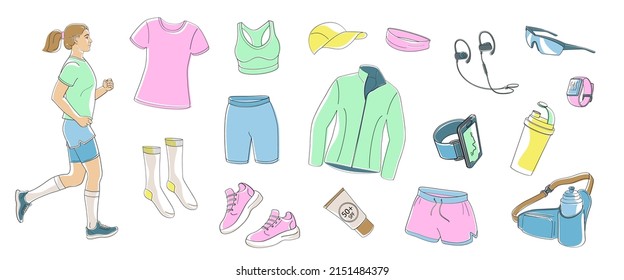 Women running and set elements about jogging in summer time, sportswear, stopwatch, sneakers, tracker, water bottle, headphones, sunglasses, cap, sunscreen