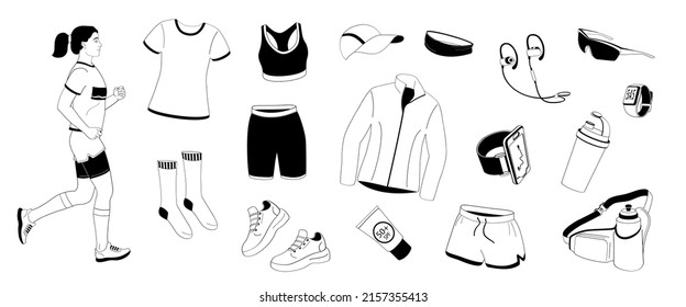 Women running and set elements about jogging in summer time, sportswear, stopwatch, sneakers, tracker, water bottle, headphones, sunglasses, cap, sunscreen.Black outline on white background vector 