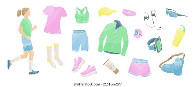 Women running and set elements about jogging in summer time, sportswear, stopwatch, sneakers, tracker, water bottle, headphones, sunglasses, cap, sunscreen.vector colour illustration 