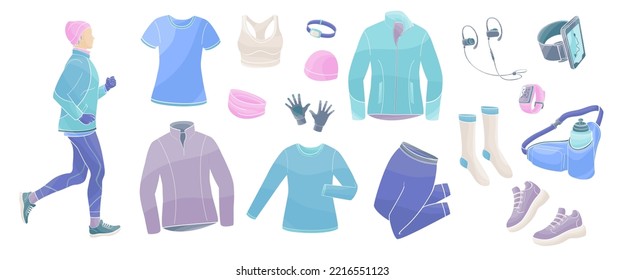 Women running and set elements about jogging in winter time, sportswear, stopwatch, sneakers, tracker, water bottle, headphones, winter hat, gloves.vector colour illustration