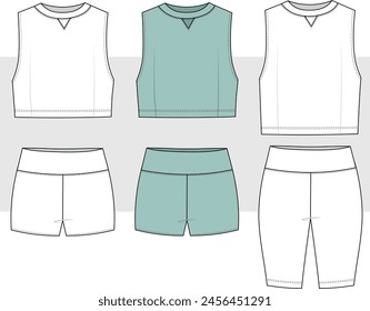 Women Running set with RACER BACK OVERSIZE CROP TANK TOP and tights short Leggings active wear design flat sketch fashion Illustration. Two piece sets drawing.