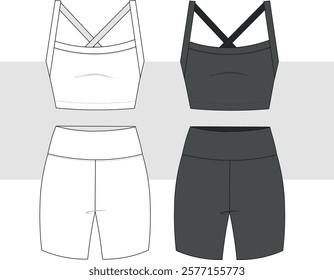 Women Running set with Sports bra top and tights short Leggings active wear design flat sketch fashion Illustration. Two piece yoga, gym, running and sports kit set fashion drawing.