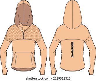 Women Running shell Hoodie jacket sweatshirt design template in vector, girls Hooded jacket sweater with front and back view, hooded winter jacket for ladies to ski and workout in winter