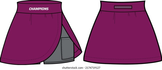 Women Running Trail Mini-Rock mit Komprimierung unter kurzen Strumpfhosen Jersey Design flache Sketch-Mode Illustration für Mädchen und Damen, Skort-Konzept mit Front-und Rückansicht für die Verfolgung aktiver Verschleiß.