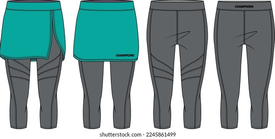 Women Running trail skirt over leggings with compression tights three quarter pants active wear design flat sketch fashion Illustration front and back view for girls and Ladies