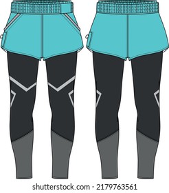 Las mujeres Cortas de pista de carreras con las leyendas de compresión pesas jersey diseño boceto plano de moda Ilustración para niñas y damas, concepto de shorts con vista frontal y posterior para el seguimiento del desgaste activo.