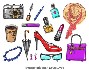 Women S Accessories Cosmetics. Vintage Style. Hand Drawn Doodle Hat, Shoes And Makeup Tools. Set Of Patch And Pins.