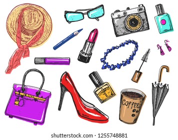 Women s accessories cosmetics. Vintage style. Hand drawn doodle hat, shoes and makeup tools. Set of Patch and Pins.