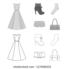 Women s boots, socks, shorts, ladies bag. Clothing set collection icons in outline,monochrome style vector symbol stock illustration web.