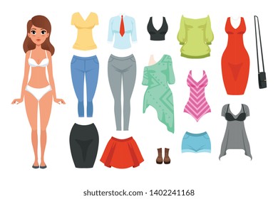 Women S Clothing Items Set. Formal And Casual Outfit. Fashion Theme. Female Wardrobe. Cartoon Character Of Young Girl. Flat Vector Icons