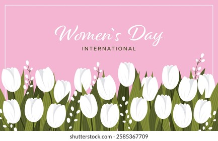 Women s day banner with white tulips. Flyer for international women s day. Minimalist design on a soft pink background. Vector illustration.