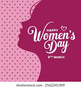 Women s Day design with girl face and text label. Happy International Women s Day on March 8th design background. Illustration of woman s face profile with retro style makeup. EPS10 vector.