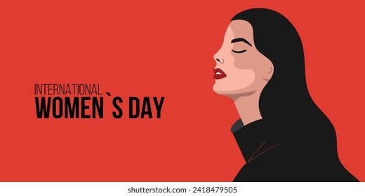 Women s day poster, background design with long hair woman with red lips. vector illustration