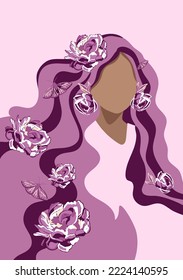 Women s Day poster. A girl with long pink hair and Flowers. Celebrated annually to mark women s contribution to history. Poster, postcard, illustration.