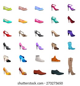 Women s fashion collection of shoes. Set with different shoes isolated on white.