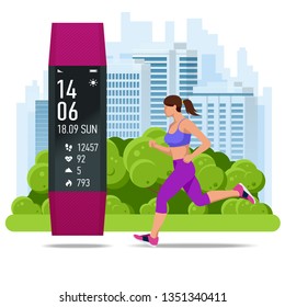 Women s fitness bracelet or tracker, an athlete running outdoors. Jogging and running infographics