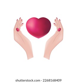 Women s hands with a heart. A red heart in women s palms. A heart warmed by the warmth of women s hands. Romantic vector illustration isolated on a white background