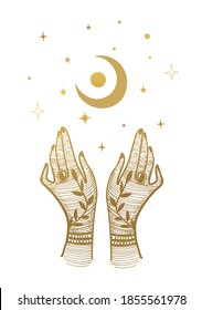 Women s hands with tattoos and a crescent moon. Magic illustration, boho design, tattoo, engraving, tarot cards. Golden mystical drawing isolated on white background with stars