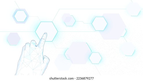 Women s hands are touching the geometric bottom. Futuristic technology digital hi-tech concept background