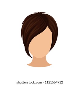 Women s head with short hairstyle, long bang. Dark brown hair. Stylish female haircut. Flat vector element for poster of hairdressing salon