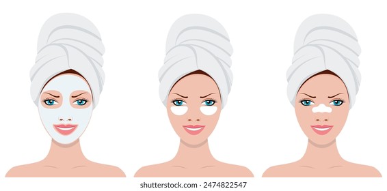 cabeza de mujer en toalla con máscara cosmética en la cara. SPA concepto de belleza y salud. Ilustración vectorial en estilo plano