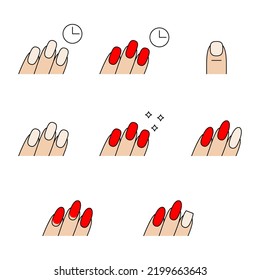 Women s nails with manicure, manicure tools, nail polish, hand cream, nail oil. The concept of hand and nail care. A set of vector illustrations