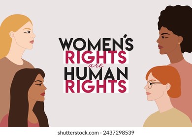 Los derechos de la mujer son una ilustración de los derechos humanos con un grupo de personajes femeninos diversos que se unen. Día Internacional de la Mujer, 8 de marzo. Concepto de empoderamiento femenino. Ilustración de vector plano pastel