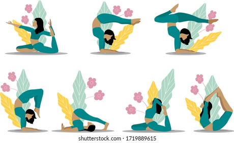 Women s yoga. Vector illustration of a beautiful girl in different poses of yoga. Women do sports, yoga and fitness. Sport. Vector flat illustration.