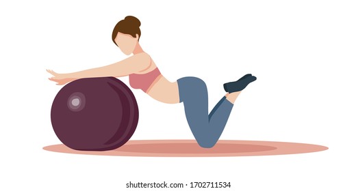 Women s yoga. woman goes in for sports, yoga, fitness with the ball. Home activities. Vector flat illustration on a white background. For website screensavers, design of sporting goods, advertising.