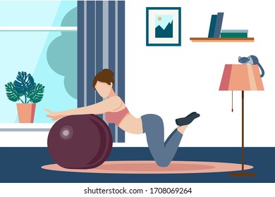 Women s yoga. woman goes in for sports, yoga, fitness with the ball. Home activities. Vector flat illustration on a white background. For website screensavers, design of sporting goods, advertising.