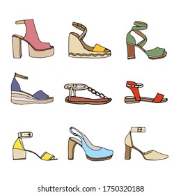 Women sandals collection in color. Various types of female summer shoes. Hand drawn vector illustration.