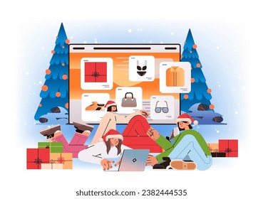 women in santa hats choosing clothes in online shop style advice generation new year holidays celebration