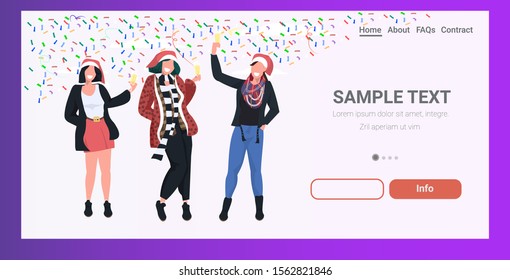 women in santa hats having confetti corporate party girls celebrating merry christmas happy new year winter holidays concept horizontal full length copy space vector illustration