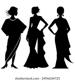 Women saree fashion dress silhouettes isolated on white background Vector illustrations design set