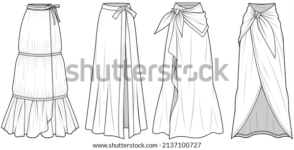 Women Sarong Long Skirt, Casual Wrap Maxi\
Skirt, Tiered Wrap Skirt, Wrap Around Skirt Fashion Illustration,\
Vector, CAD, Technical Drawing, Flat\
Drawing.	
