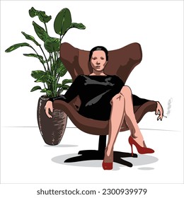 A women with sassy and bossy look sitting on a chair with cigarettes in hand. Embrace equity. Lady boss. 