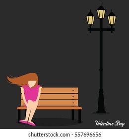 women sat with sombre under Lamp way, on the bench in the darkness. In vector style.