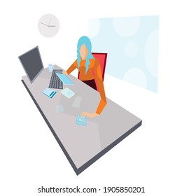 Women sat and stretched while working on the desk. Isometric Illustration about working on the table.