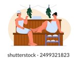 Women in sauna. Young girls in towels sit near birch brooms. Relaxation and leisure. Recreation and rest. People inside bathhouse. Flat vector illustration isolated on white background