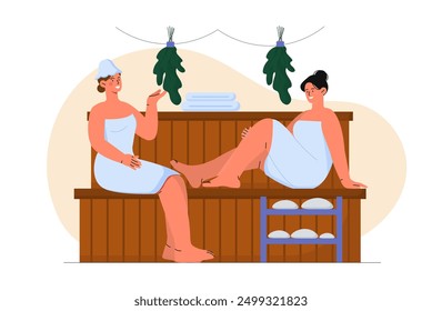 Women in sauna. Young girls in towels sit near birch brooms. Relaxation and leisure. Recreation and rest. People inside bathhouse. Flat vector illustration isolated on white background