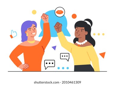 Women Say Concept. Two Strong Women With Their Hands Raised In The Air. Feminism And Gender Equality. Communication Between Friends. Cartoon Flat Vector Illustration Isolated On A White Background