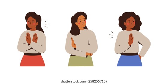 Women say no via stop hand gesture. Girl refusing with palms. Black and white Females defend their rights and freedoms by arm sign.Vector illustration 